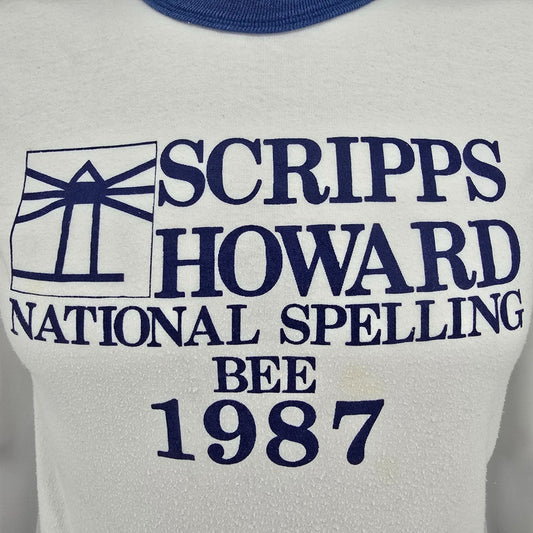 Vintage 1987 Velva Sheen Scripps Howard National Spelling Bee Ringer T-Shirt (S)
