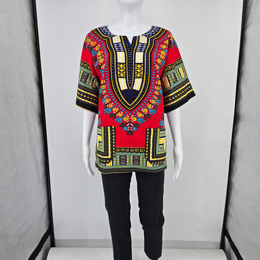 Modern Red/Blue/Yellow/Teal/White Unisex African Dashiki Pullover Tunic Top (L)