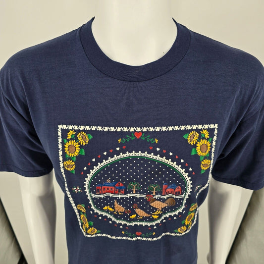 Vintage 1990s Jerzees Farm Scene Chickens & Sunflowers Blue Graphic T-Shirt (L)