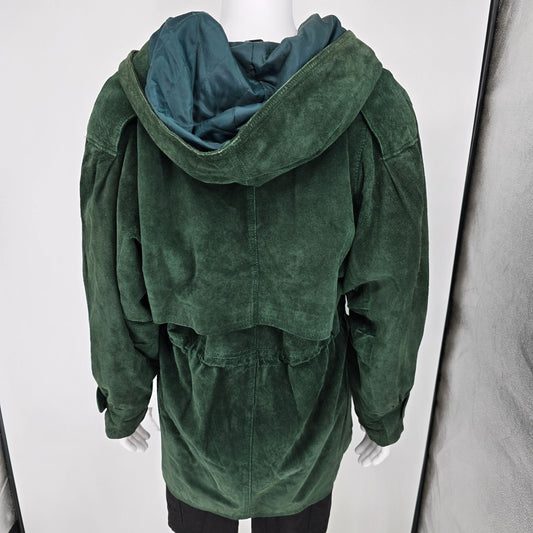 Vintage 1990s G-III Forest Green Hooded Suede Insulated Parka Jacket (Large)