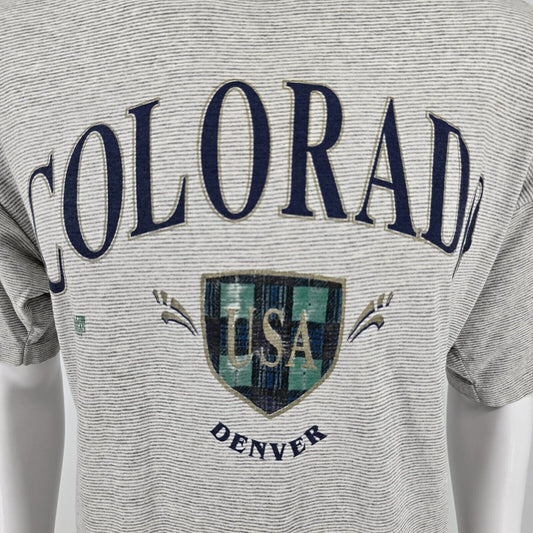 Vintage Miller 1990s Denver Colorado USA Glitter Logo Striped T-Shirt (XL)