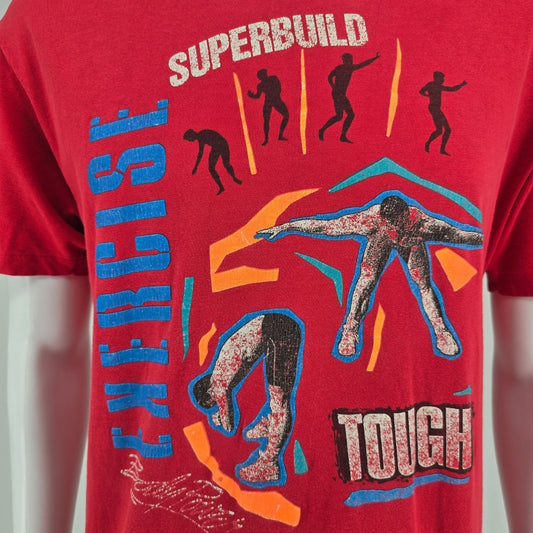 Vintage 1980s Superbuild Exercise Tough Body Power Single Stitch Gym T-Shirt (L)