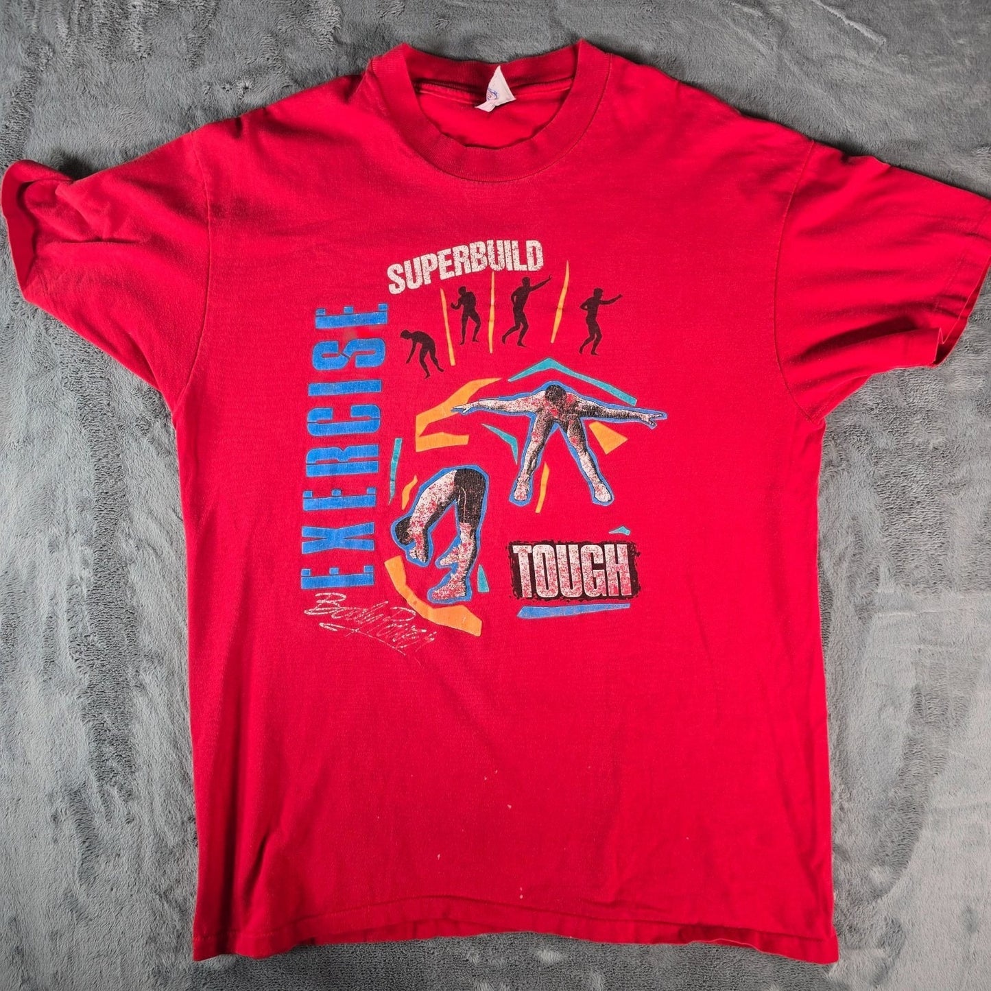 Vintage 1980s Superbuild Exercise Tough Body Power Single Stitch Gym T-Shirt (L)
