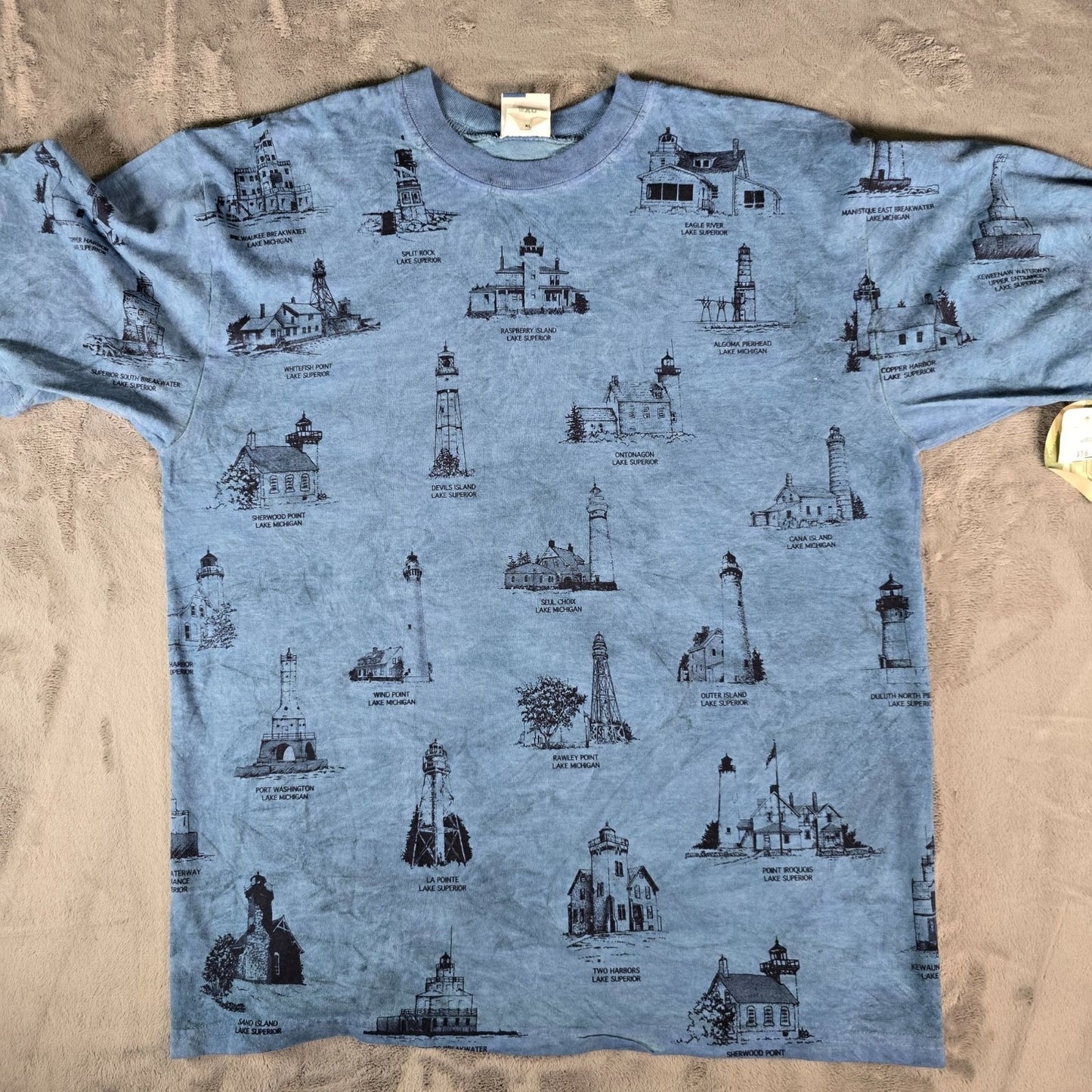 Vintage Deadstock NWT 1990s Art Unlimited Great Lakes Lighthouses AOP T-Shirt XL