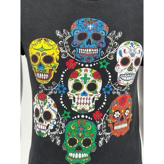 2010s Alstyle Lucky 7 Sugar Skull Made in Mexico Black Graphic T-Shirt (Small)