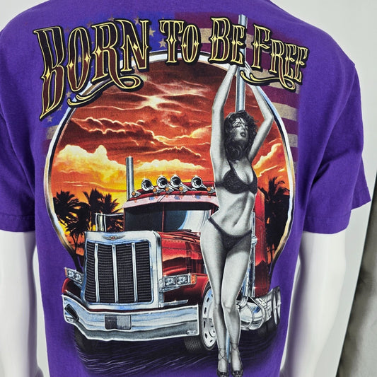 Purple Alstyle Back Graphic "Born to Be Free" Semitruck and Stripper T-Shirt (L)