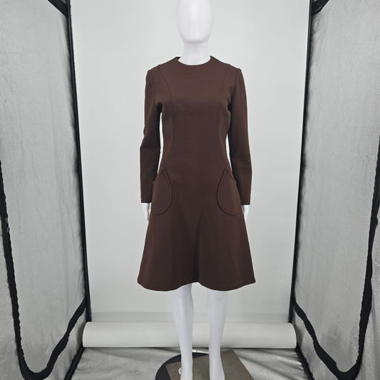 Vintage 1960s Chocolate Brown Textured Knit Knee Length A-Line Mod Dress (M)