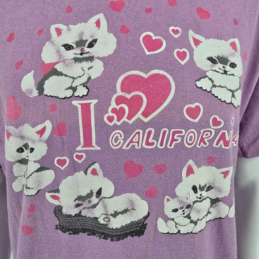 Vintage 1990s Faded Lavender "I Love California" Kitten Graphic T-Shirt (L/XL)