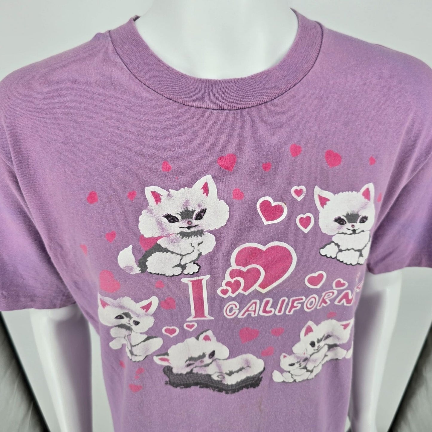 Vintage 1990s Faded Lavender "I Love California" Kitten Graphic T-Shirt (L/XL)