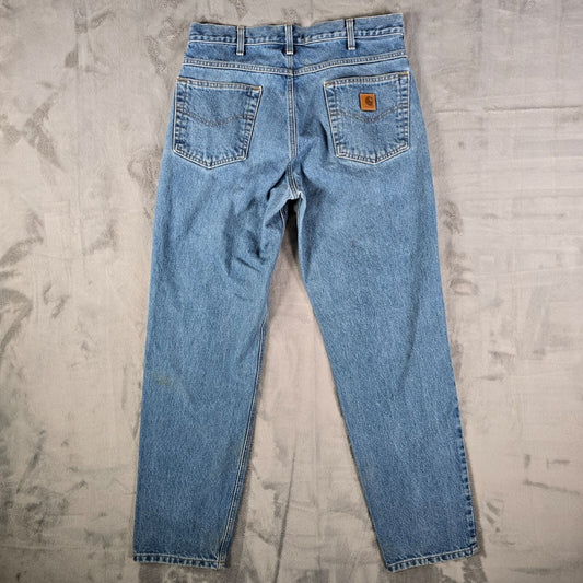 2021 Distressed Carhartt Mens #B17 Relaxed Fit Taper Leg Darkstone Jeans (33x31)