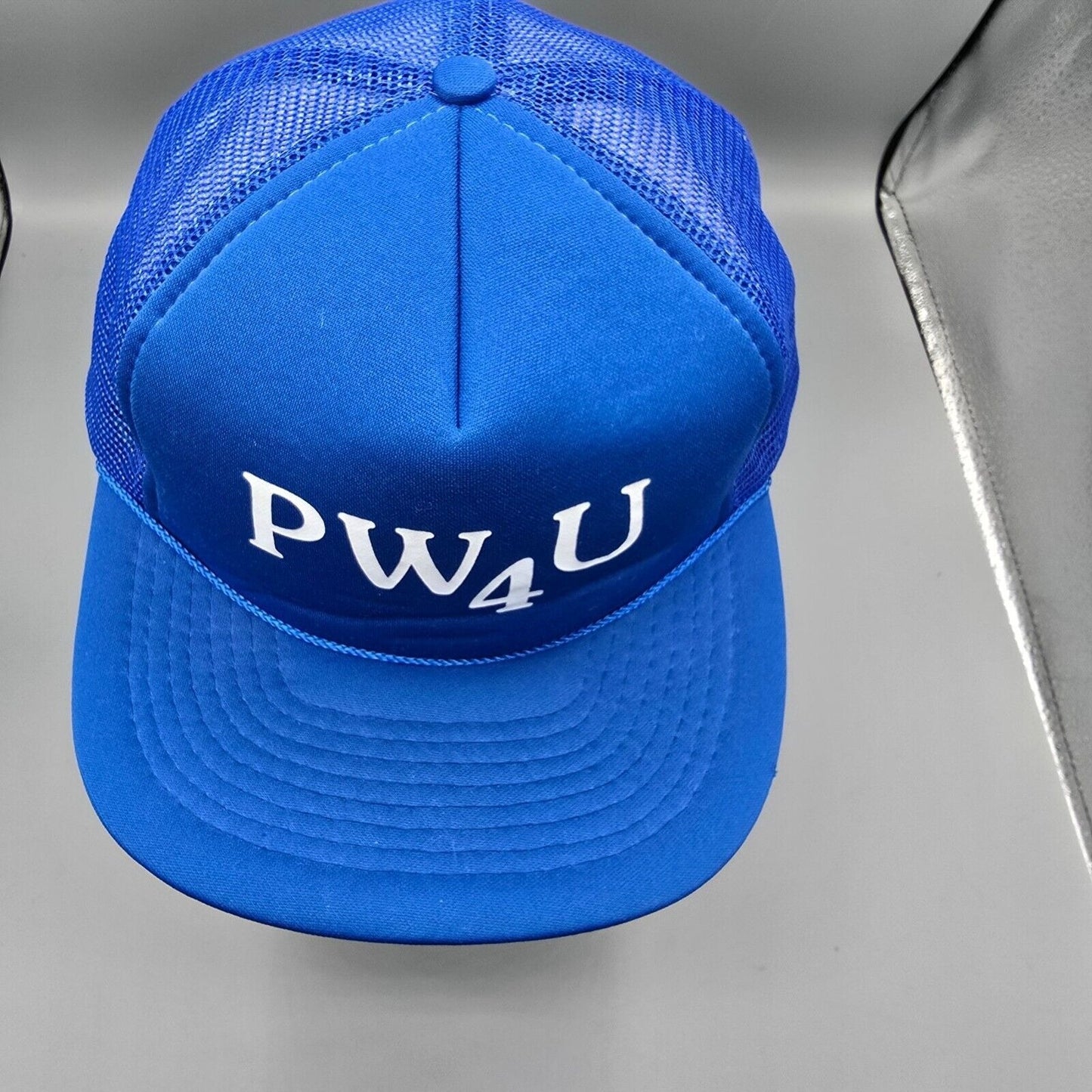 Vintage Distressed PW4U Blue Adjustable Snapback Mesh Crown Trucker Hat