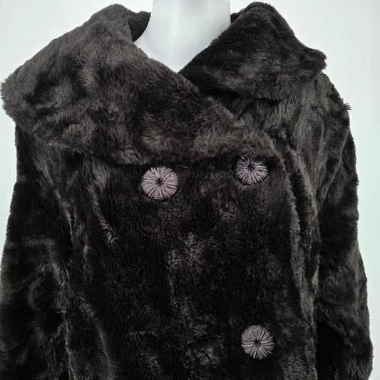Vintage 1970s Women's Dark Brown Faux Fur Shawl Collar Double-Breasted Coat (S)