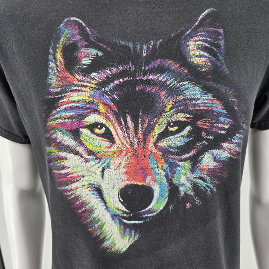 Thrashed Black Y2K Delta Apparel Multicolor Wolf Graphic T-Shirt (Medium)
