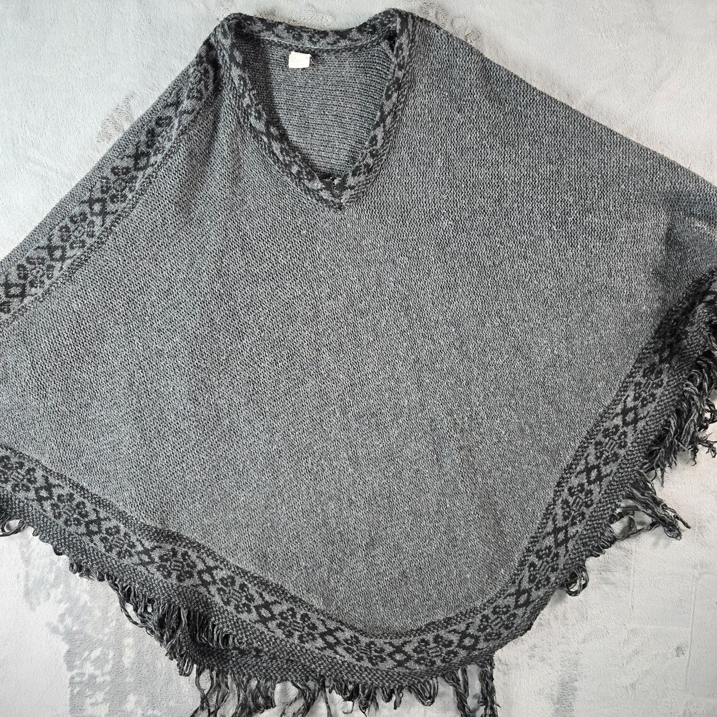 Vintage Y2K Charcoal Gray Knit Acrylic Boho Fringe Poncho Sweater (One Size)