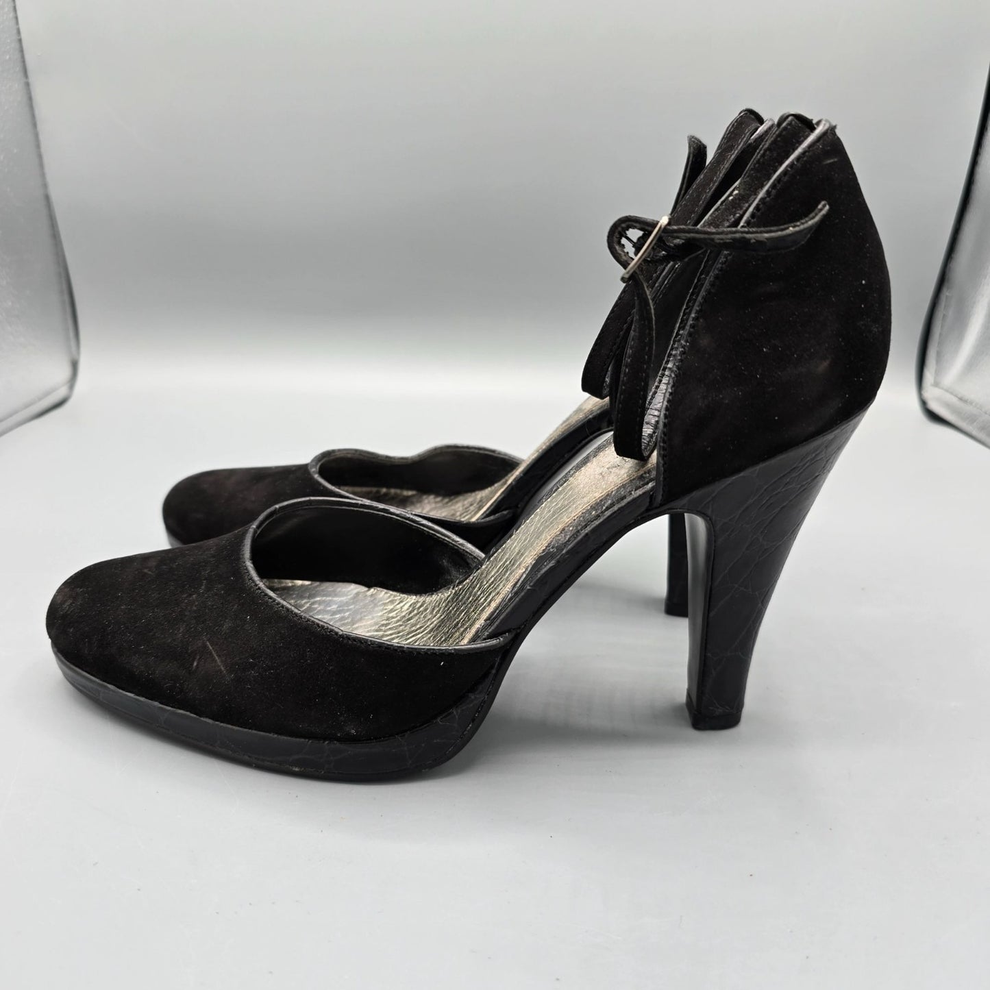 2010s Enzo Angiolini Eacallie Black Suede Ankle Strap D'Orsay Heels (7M)