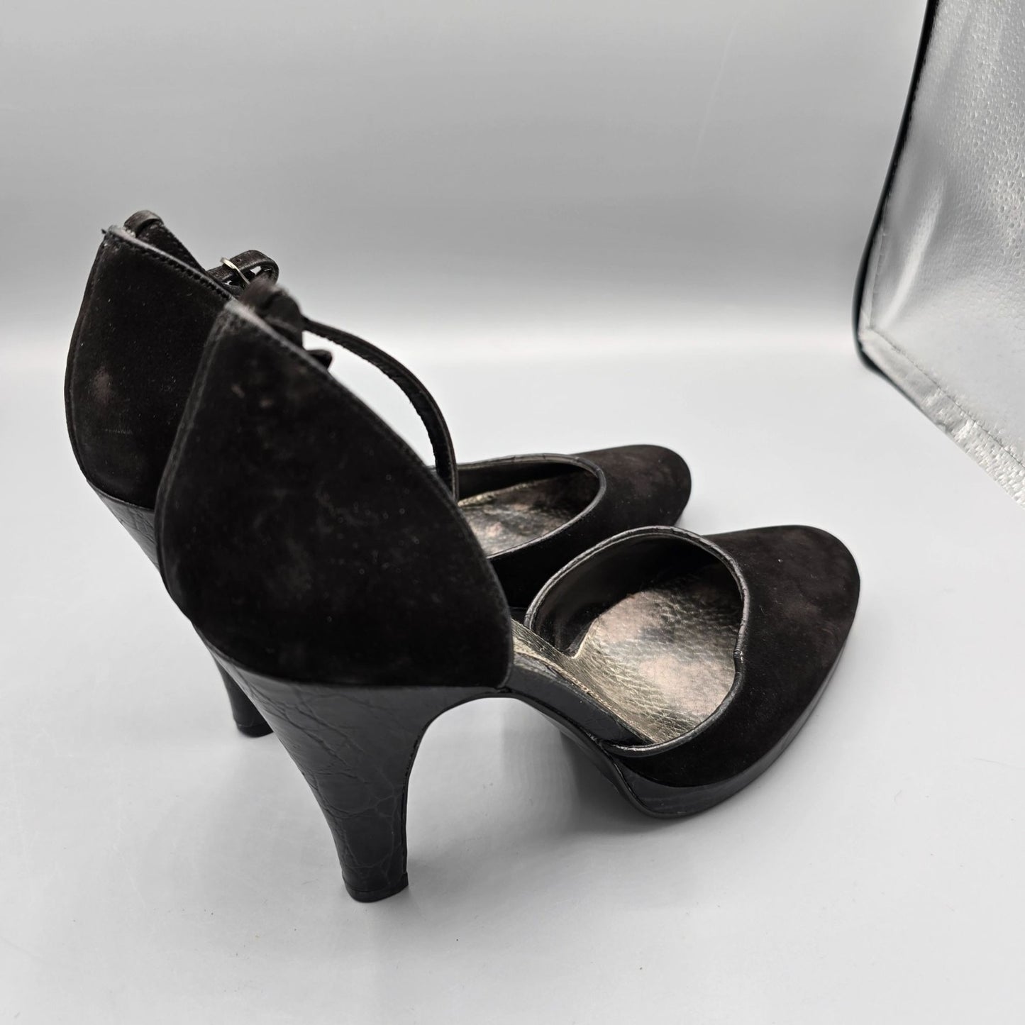 2010s Enzo Angiolini Eacallie Black Suede Ankle Strap D'Orsay Heels (7M)