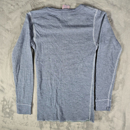 Distressed Vintage 1980s Women's Blue/Grey Lined Thermal Long Sleeve Shirt (XXS)