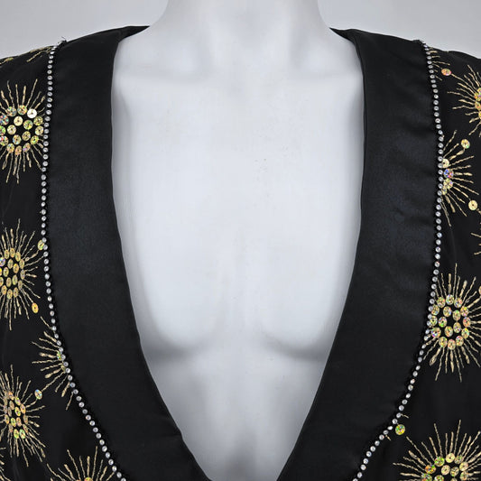 Vintage 1990s Rivars Stagewear Black Sunburst Sequin Rhinestone Trim Vest (XL)