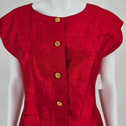 Vintage 1980s Red Shantung 50s-Style Cap Sleeve Cocktail/Sheath Wiggle Dress (M)