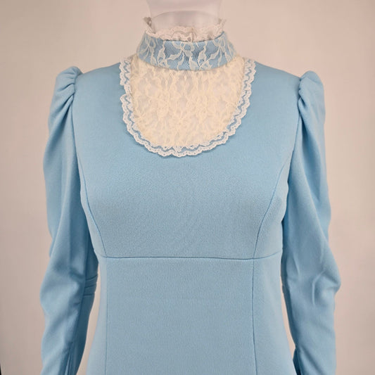 Vintage 1970s Baby Blue Lace Collar Victorian Revival Maxi Gown Dress (Size 4/S)