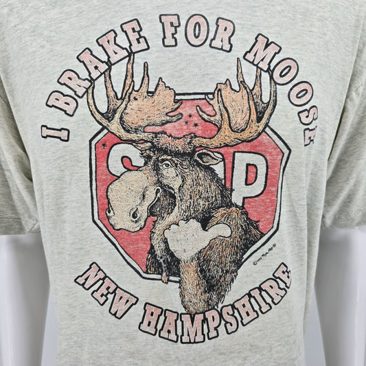 Distressed Vintage 1990s New Hampshire "I Brake For Moose" Graphic T-Shirt (XL)