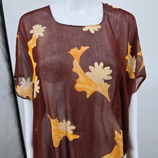 Vintage 1970s Handmade Kanebo Cotton Sheer Brown Floral Caftan Maxi Dress (OSFM)