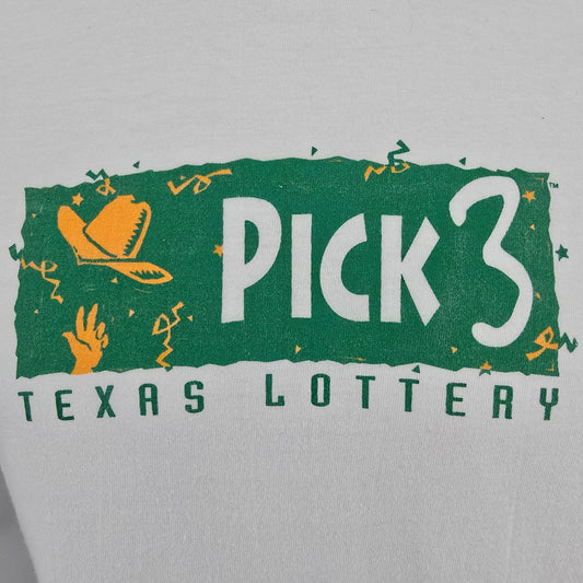Vintage 1990s Hanes Beefy-T White Texas Lottery Pick 3 Promo T-Shirt (M/L)