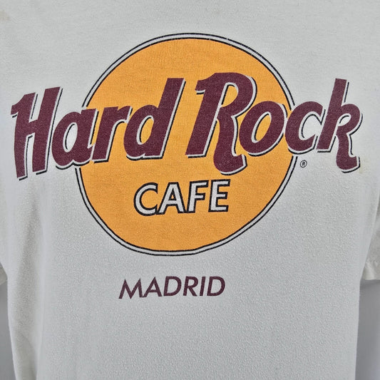 Dirty White Vintage 1990s Hard Rock Cafe Madrid Logo Souvenir T-Shirt (XL)