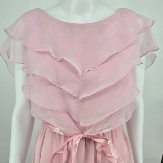 Vintage 1970s Light Pink Tiered Ruffle Bodice Empire Maxi Dress (Size 2/XS)