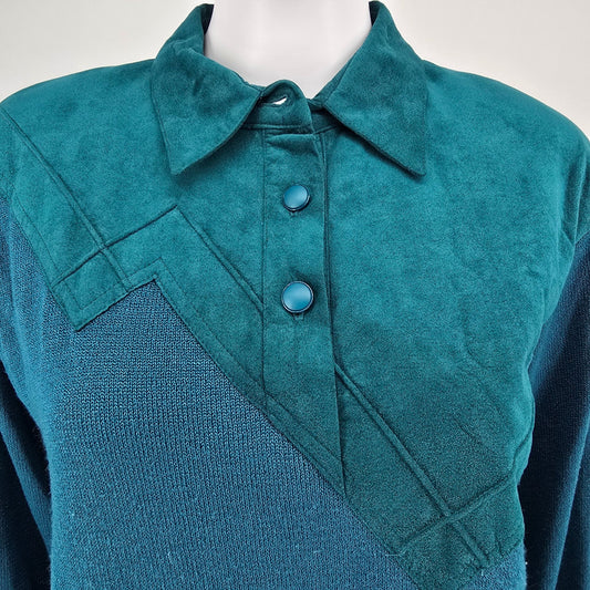 Vintage 1980s Lilli Ann Collections Teal Ultrasuede Mixed Media Pullover (10/M)
