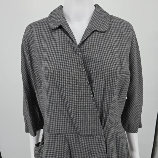 Vintage 1950s Gray Micro-Check Wrap-Front Coat Dress/Day Dress (Large)