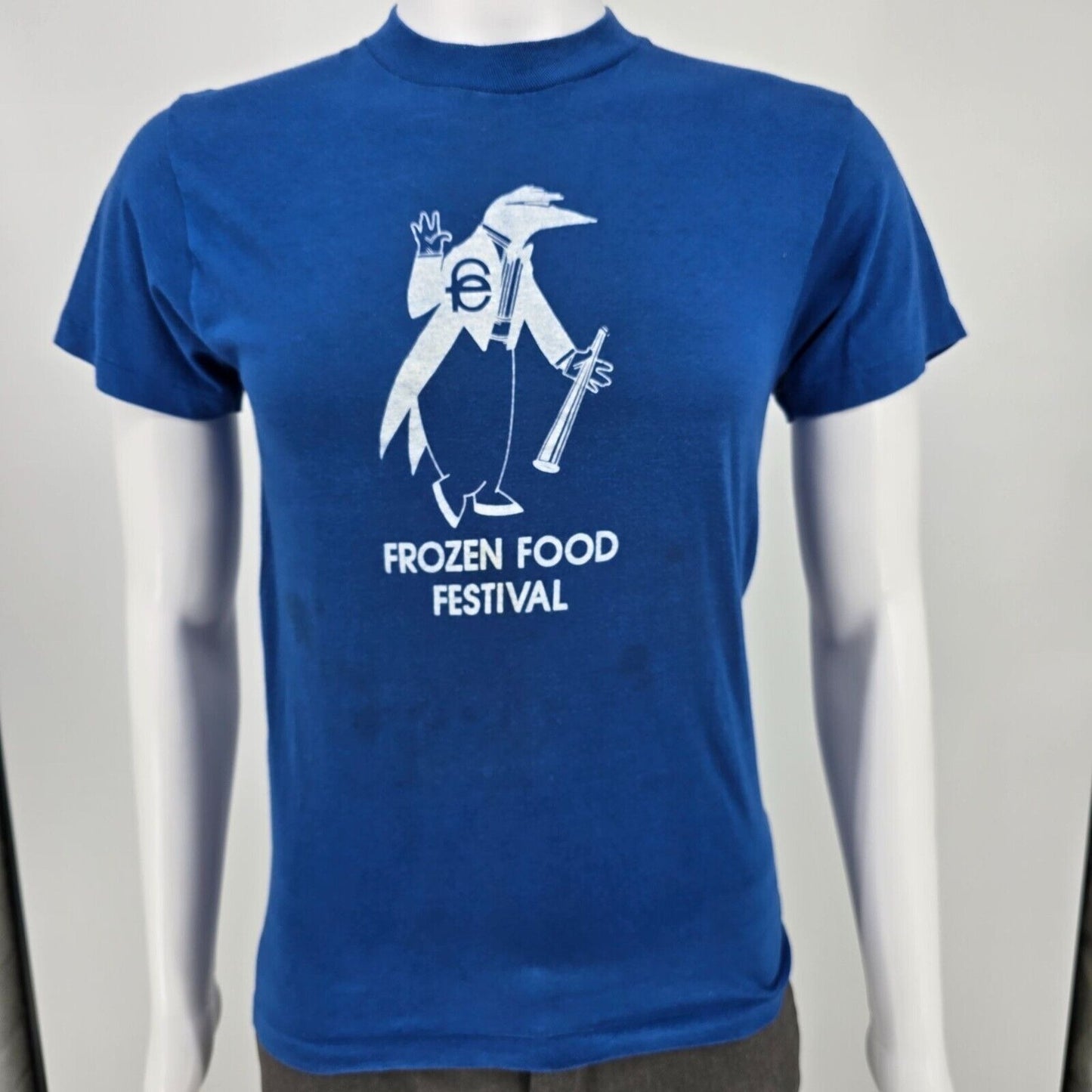 Vintage 1980s Blue Frozen Food Festival Mascot Logo Single Stitch T-Shirt (XS)