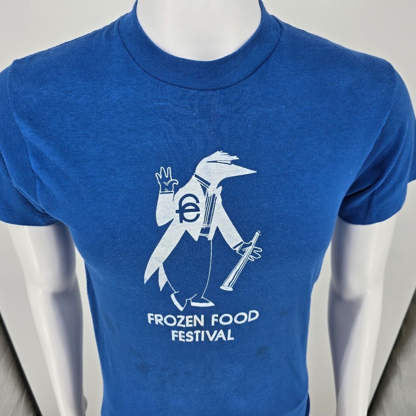 Vintage 1980s Blue Frozen Food Festival Mascot Logo Single Stitch T-Shirt (XS)