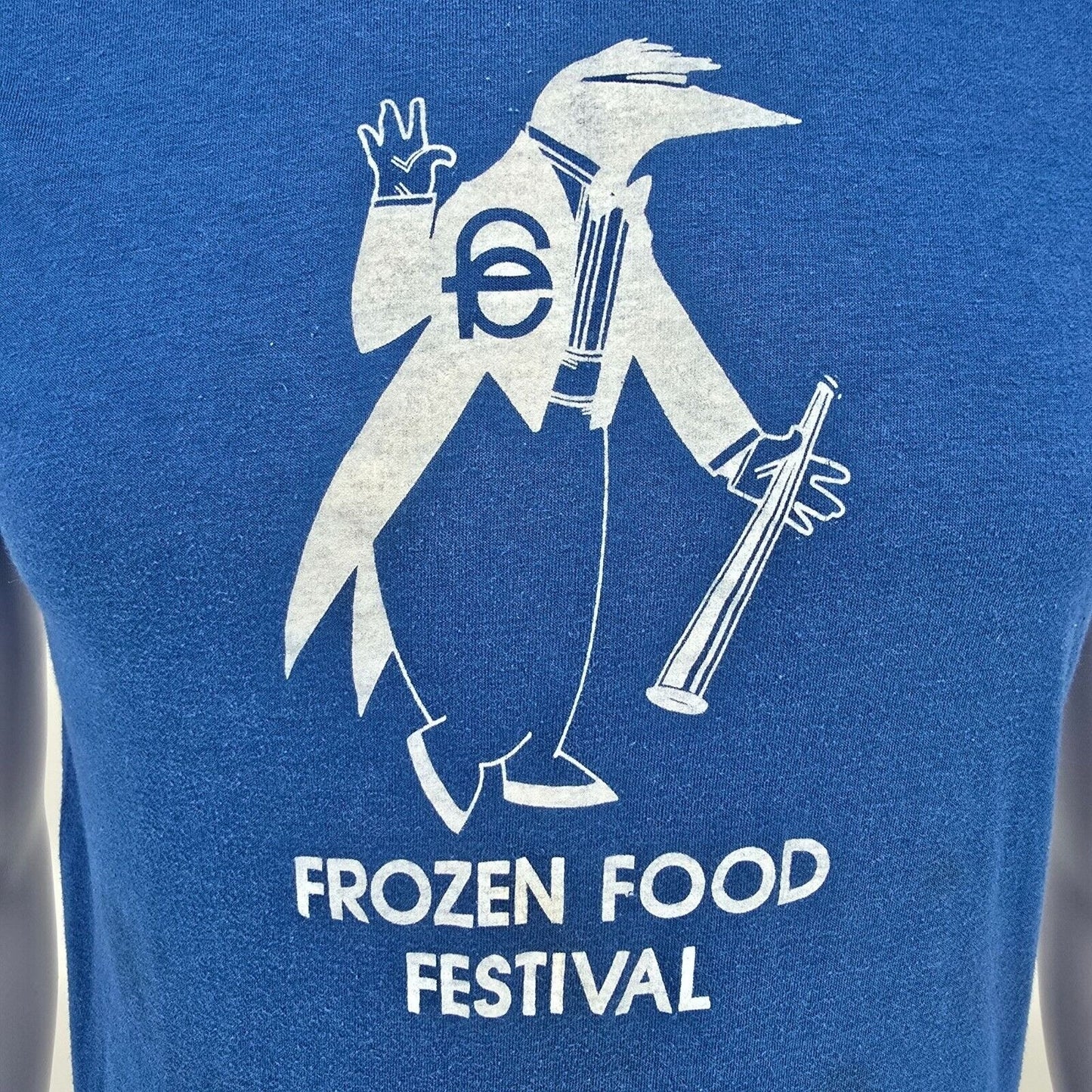 Vintage 1980s Blue Frozen Food Festival Mascot Logo Single Stitch T-Shirt (XS)