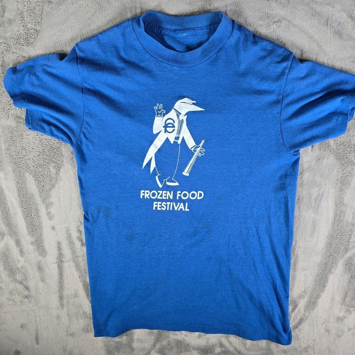 Vintage 1980s Blue Frozen Food Festival Mascot Logo Single Stitch T-Shirt (XS)