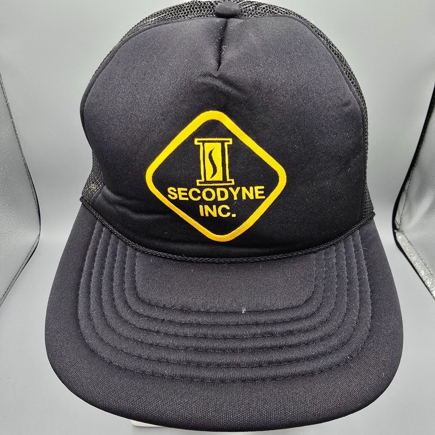 Vintage Secodyne Inc. Adjustable Snapback Black & Yellow Mesh Trucker Cap