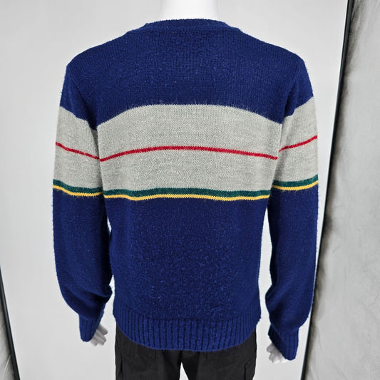 Vintage 1980s SIM Sportswear Blue & Gray Striped Acrylic/Nylon Sweater (L/XL)