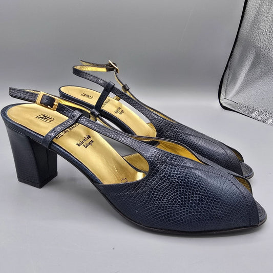 Vintage 1980s Bruno Magli Navy Lizard-Embossed Leather Peep-Toe Slingbacks (7B)