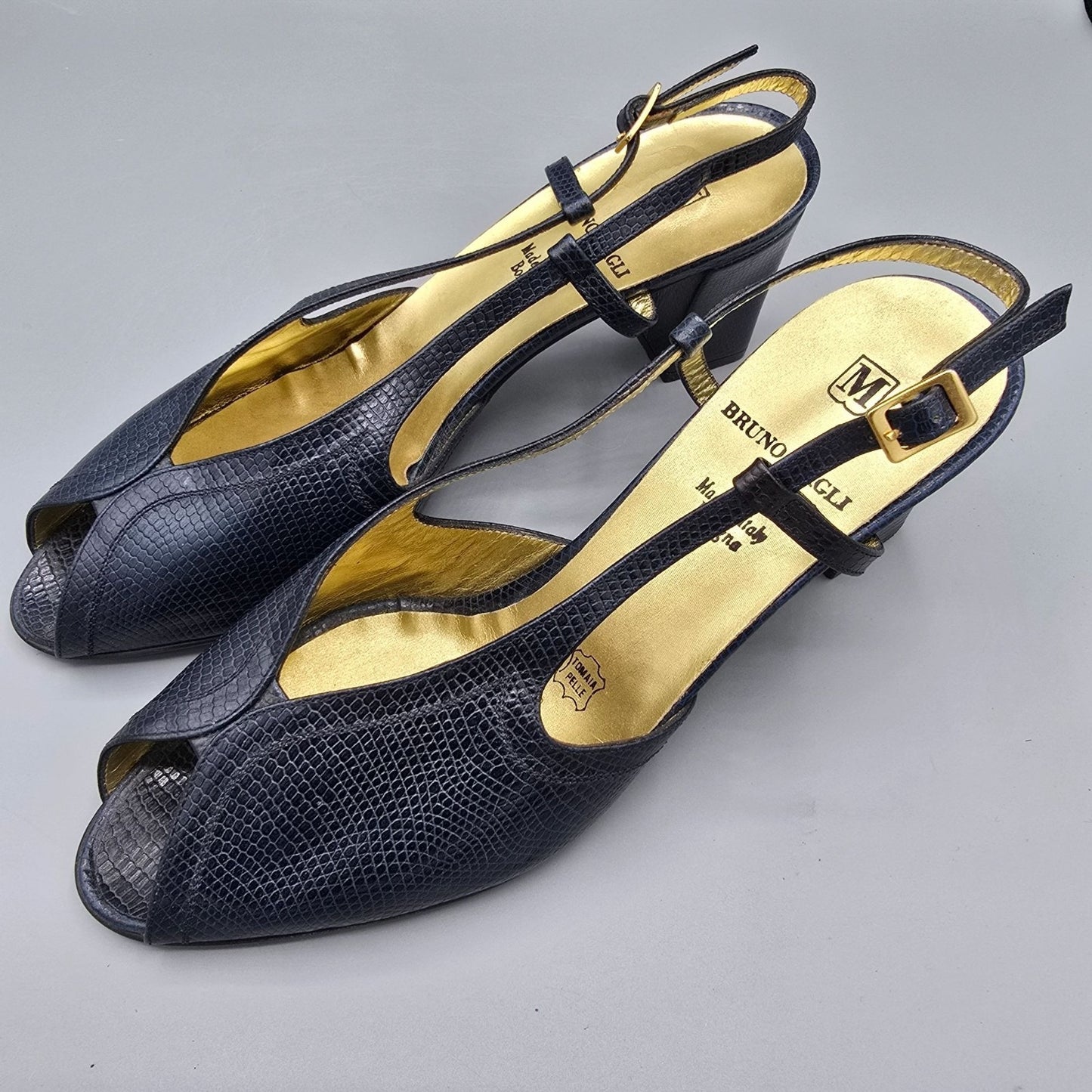Vintage 1980s Bruno Magli Navy Lizard-Embossed Leather Peep-Toe Slingbacks (7B)