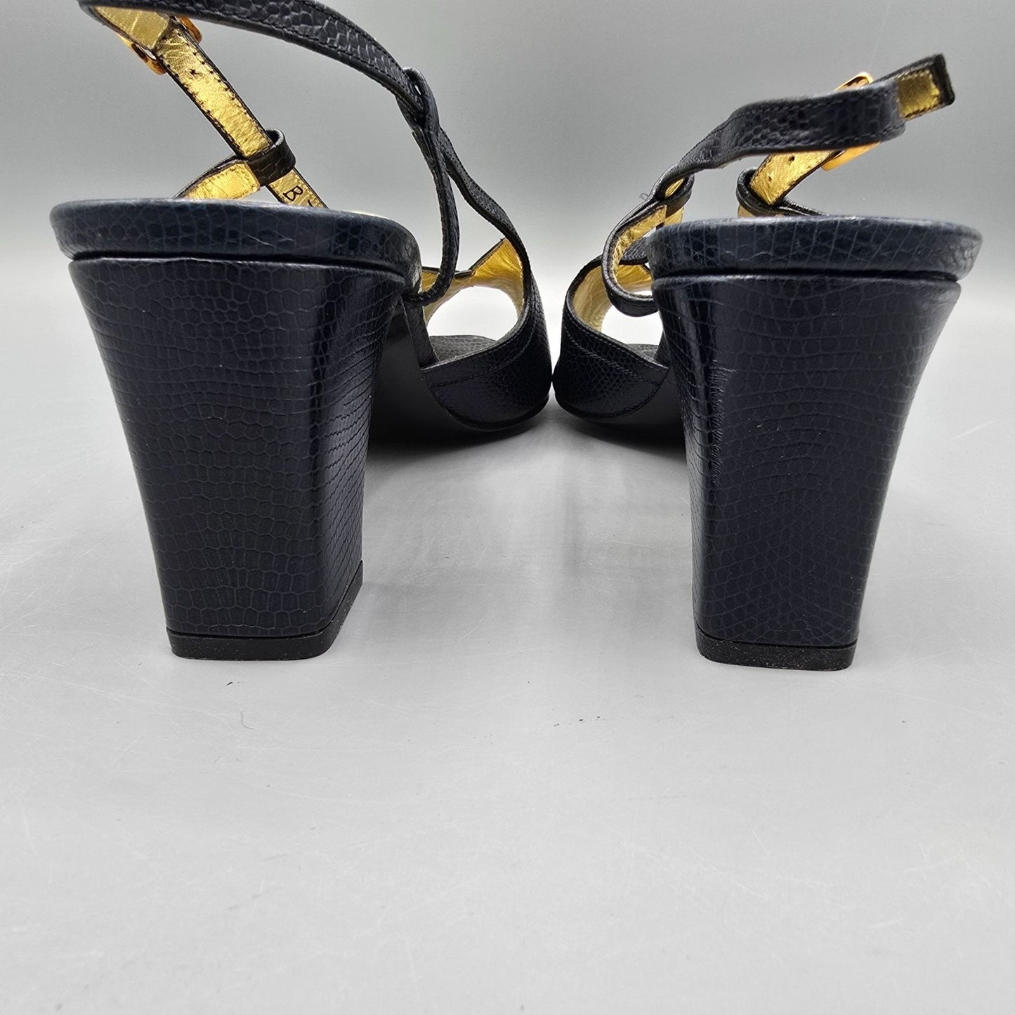 Vintage 1980s Bruno Magli Navy Lizard-Embossed Leather Peep-Toe Slingbacks (7B)