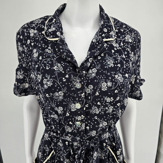 Vintage 1990s Jamie Brooke Navy/White Floral Button-Front Rayon Dress (14/L)