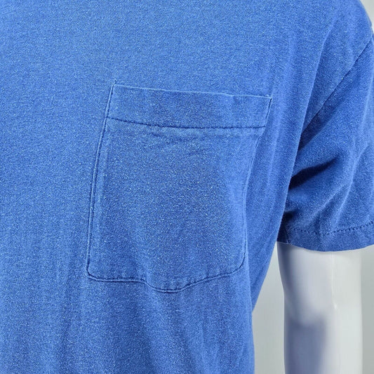 Vintage 1980s Fruit of the Loom Blank Blue Single Stitch Pocket Tee T-Shirt (L)