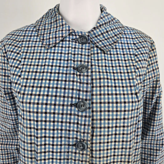 Vintage 1960s Unbranded Women's Single-breasted Blue Check Plaid Car Coat (M/L)