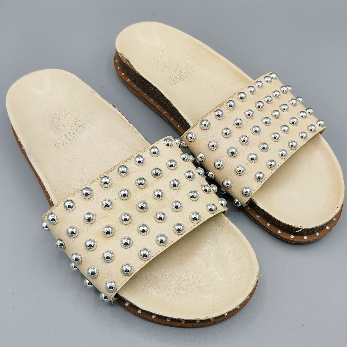 Vince Camuto Women's Kortlen Cream/Off-White Leather Studded Slides (Size 6.5)