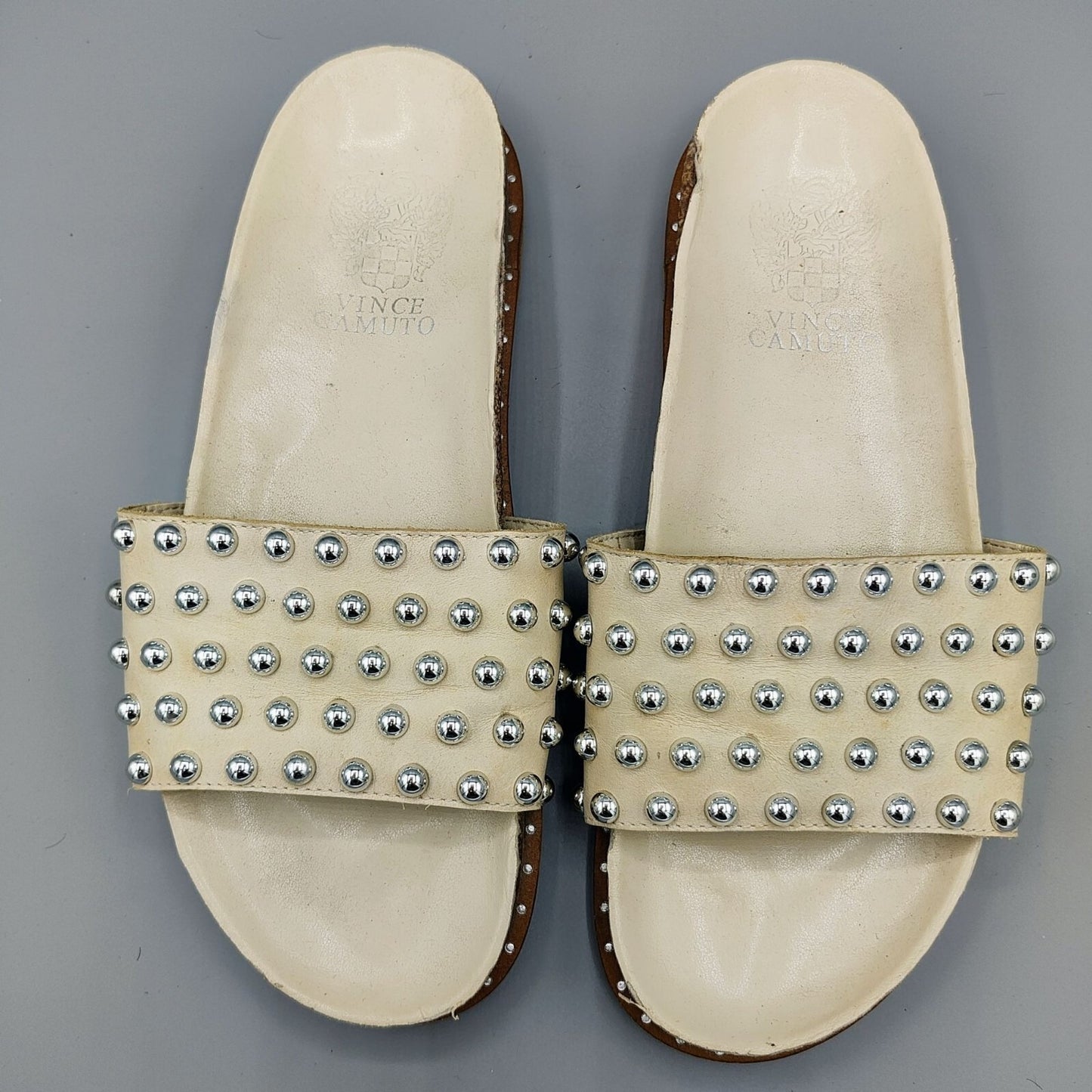 Vince Camuto Women's Kortlen Cream/Off-White Leather Studded Slides (Size 6.5)