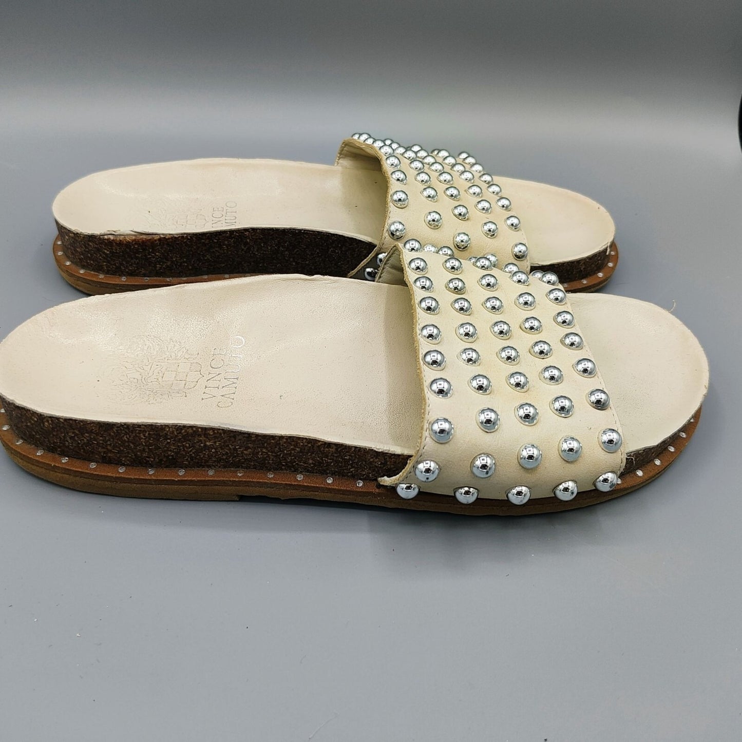 Vince Camuto Women's Kortlen Cream/Off-White Leather Studded Slides (Size 6.5)