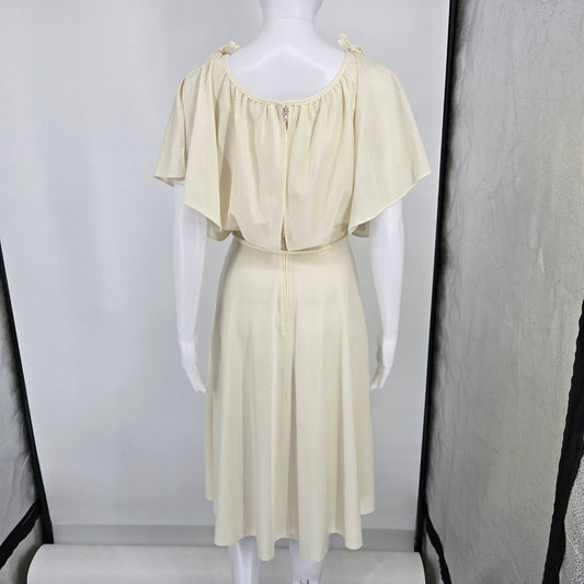 Vintage 1970s Cream Tonal Satin Stripe Flutter Cape Sleeve Grecian Dress (S)