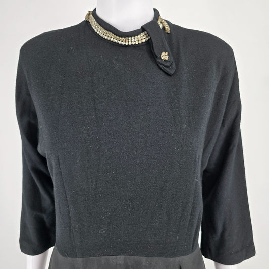 Vintage 1960s Black Rhinestone Collar Knit Bodice Full Skirt Midi Dress (M)