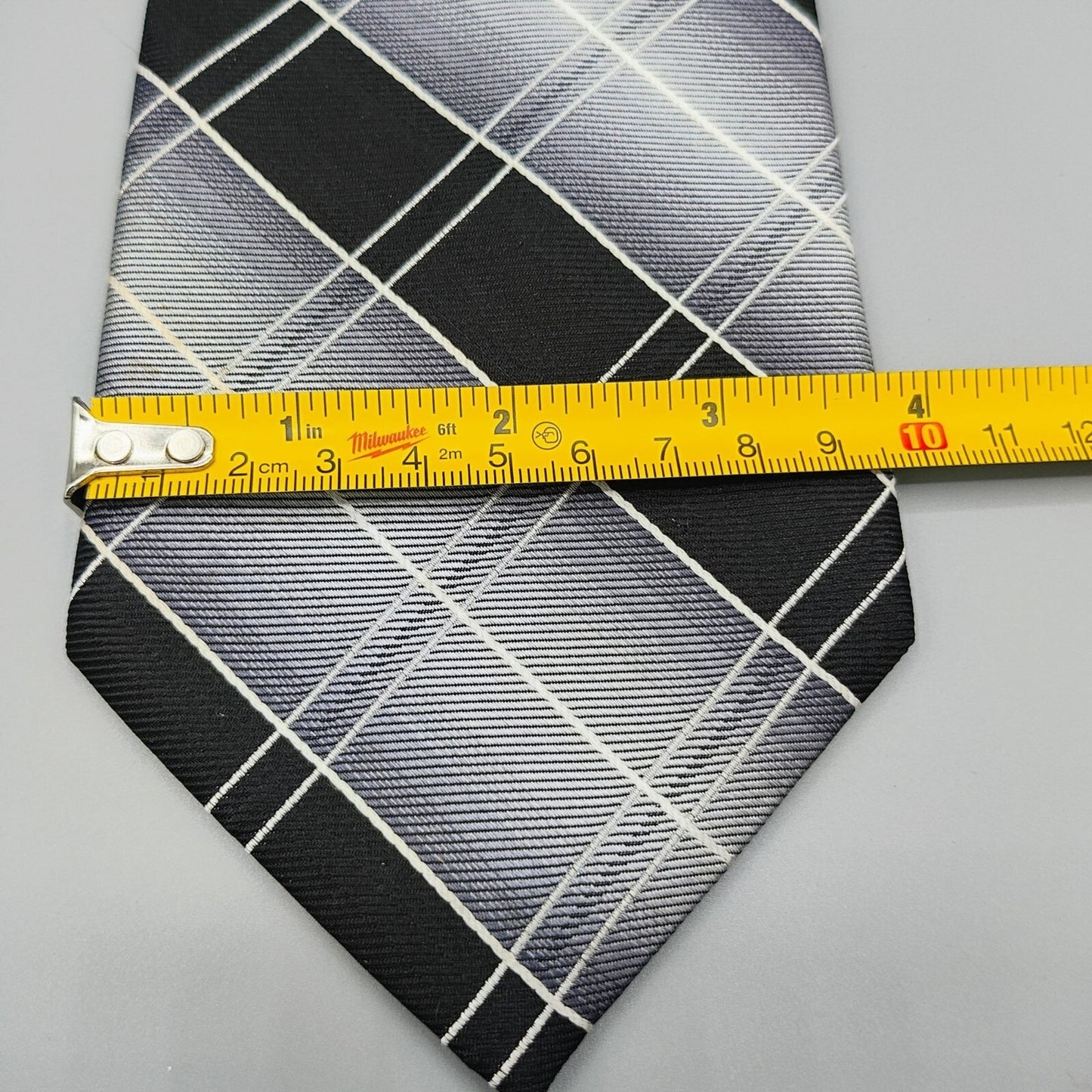 Pierre Cardin Black & Gray Plaid 3.75 " Width 100% Silk Necktie *Stain*