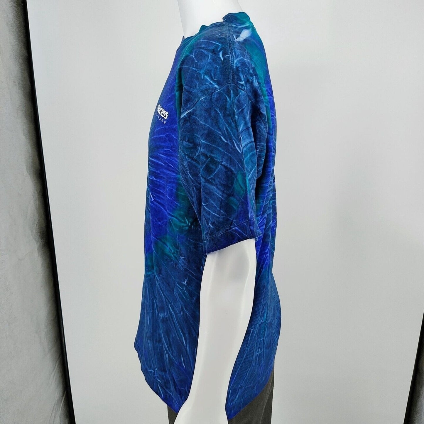 Vintage 1990s Single Stitch Process Software Blue & Green Tie-Dye T-Shirt (L)